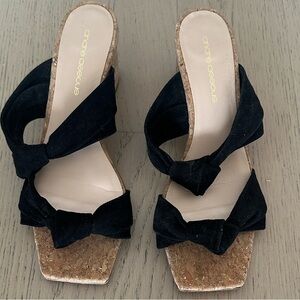 Andre Assous Black Bow Cork Wedge Mules